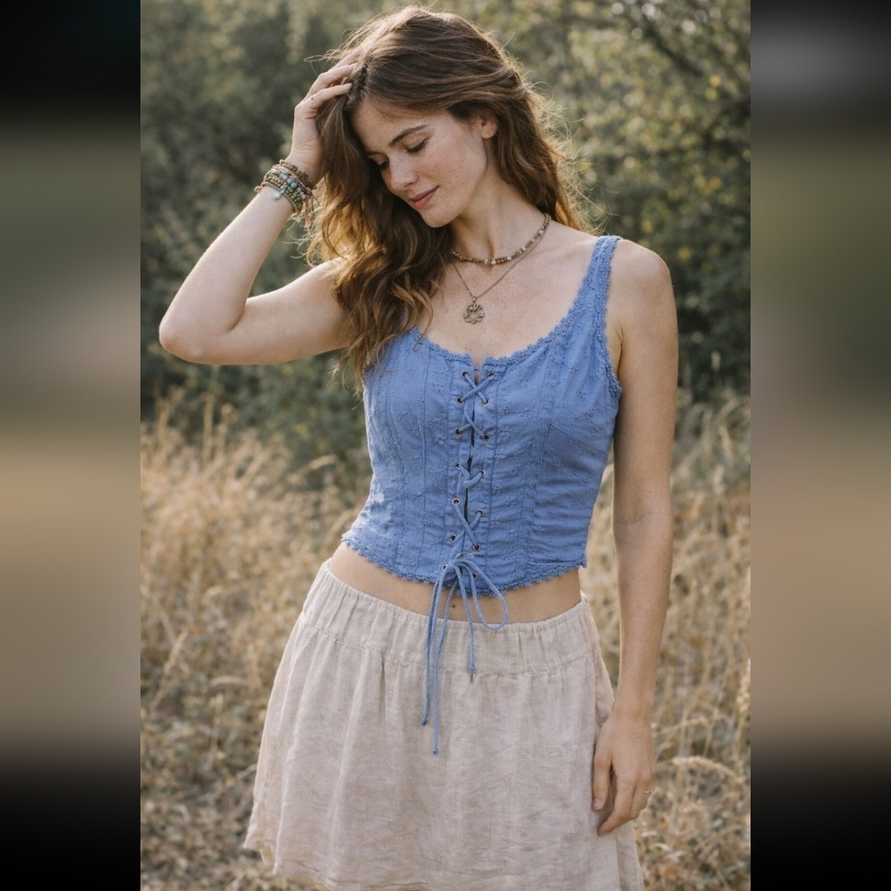 Boho Festival Smocked Back Eyelet Corset Cropped Top Japna,‎ Medium